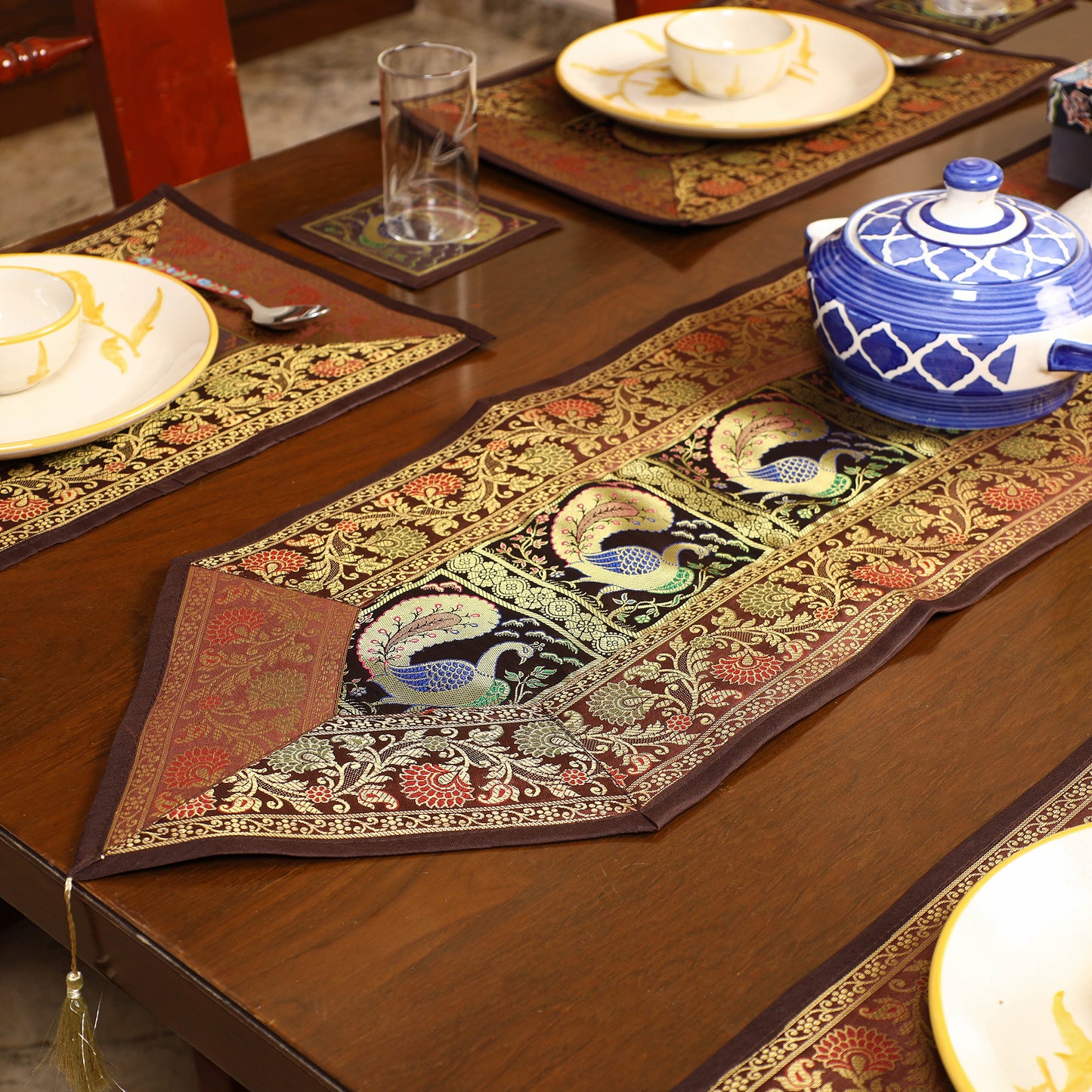 Banarasi Silk Brocade 13pc Dining Table Runner Set 02