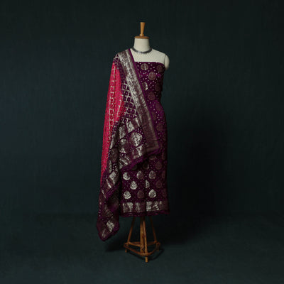 Kutch Bandhani Tie-Dye Modal Silk Banarasi Zari 3pc Unstitched Dress Material Suit Set 07