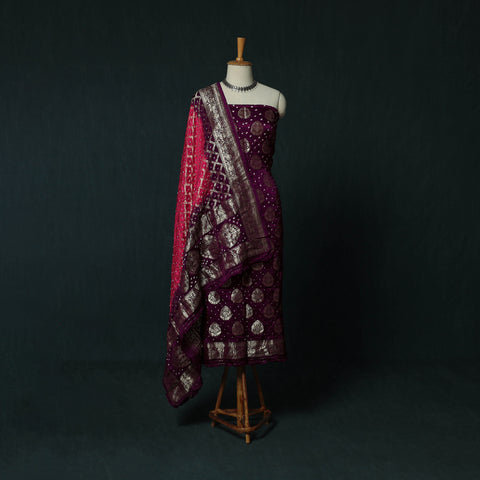 Kutch Bandhani Tie-Dye Modal Silk Banarasi Zari 3pc Unstitched Dress Material Suit Set 07