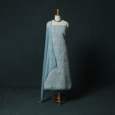 Blue - Lucknowi Chikankari Hand Embroidered Cotton 3pc Unstitched Dress Material Suit Set 07