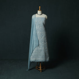 Blue - Lucknowi Chikankari Hand Embroidered Cotton 3pc Unstitched Dress Material Suit Set 07
