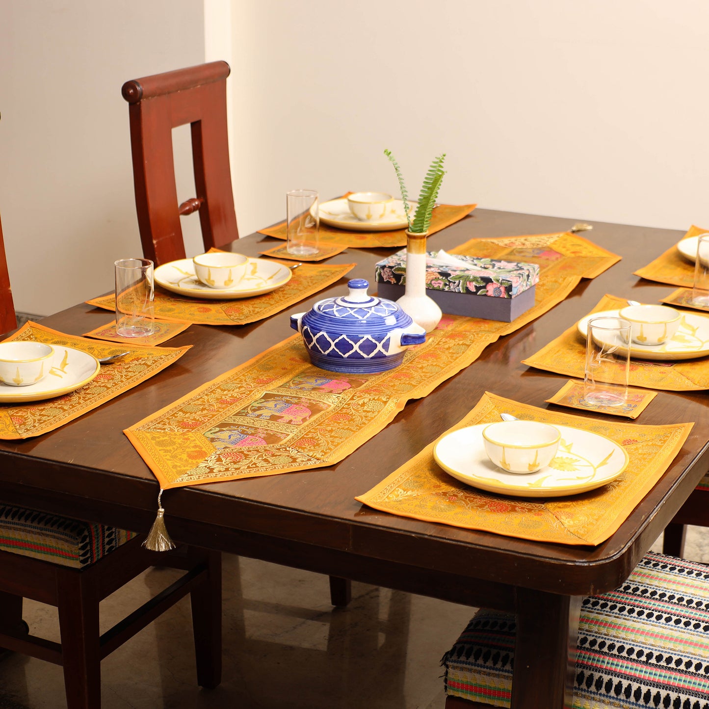 Banarasi Silk Brocade 13pc Dining Table Runner Set 03