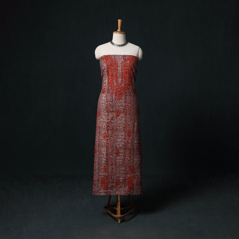 Red - Chikankari Hand Embroidered Cotton Unstitched Kurta Material (3M) 25