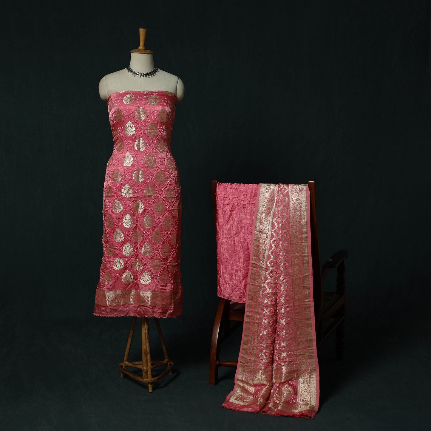 Kutch Bandhani Tie-Dye Modal Silk Banarasi Zari 3pc Unstitched Dress Material Suit Set 08