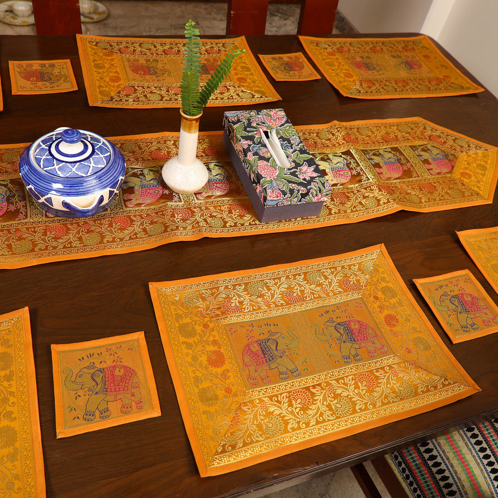 Banarasi Silk Brocade 13pc Dining Table Runner Set 03