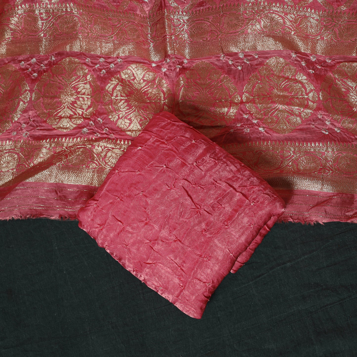 Kutch Bandhani Tie-Dye Modal Silk Banarasi Zari 3pc Unstitched Dress Material Suit Set 08