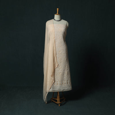 Beige - Lucknowi Chikankari Hand Embroidered Cotton 3pc Unstitched Dress Material Suit Set 08