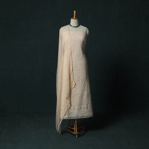 Beige - Lucknowi Chikankari Hand Embroidered Cotton 3pc Unstitched Dress Material Suit Set 08