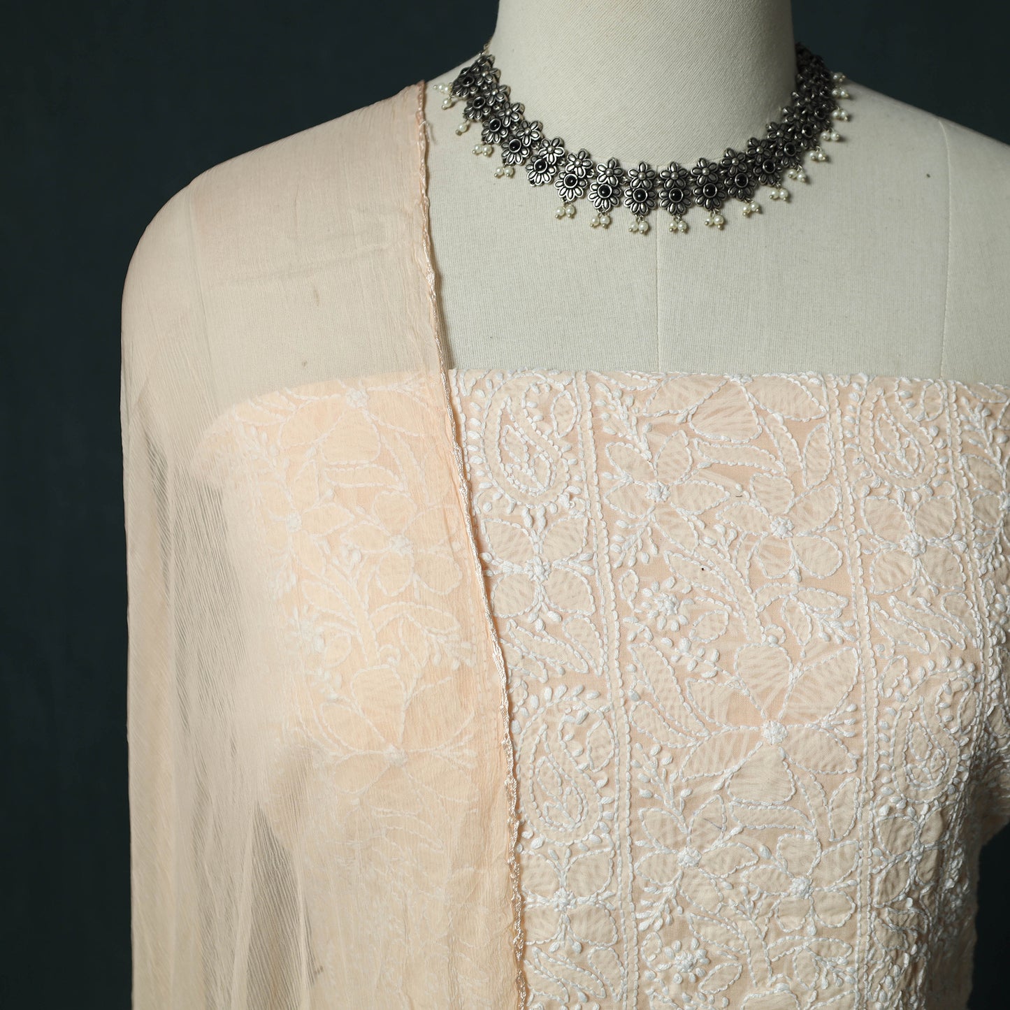 Beige - Lucknowi Chikankari Hand Embroidered Cotton 3pc Unstitched Dress Material Suit Set 08