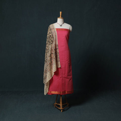 Pink - Mangalagiri Handwoven 2pc Cotton Unstitched Dress Material Kurta Set with Jewellery 04