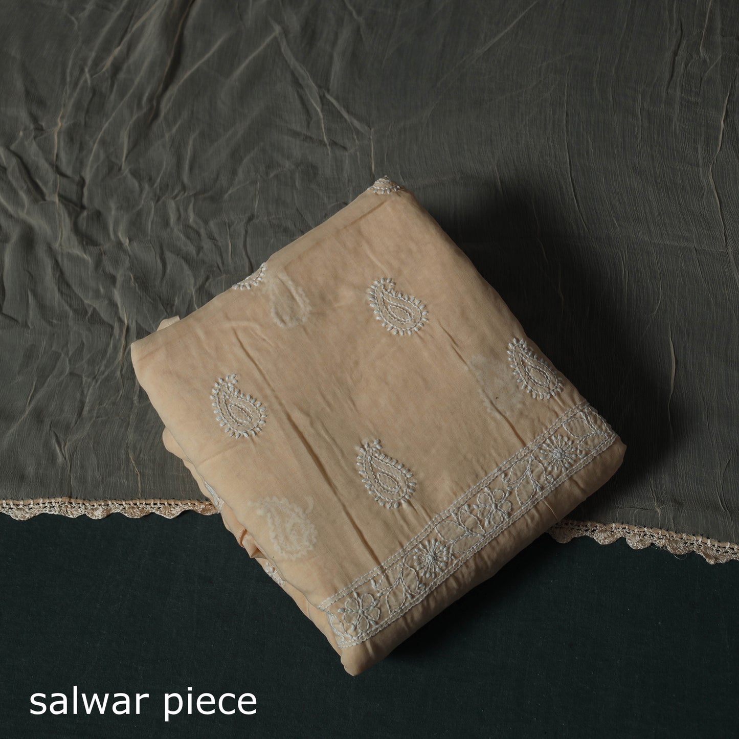 Beige - Lucknowi Chikankari Hand Embroidered Cotton 3pc Unstitched Dress Material Suit Set 08