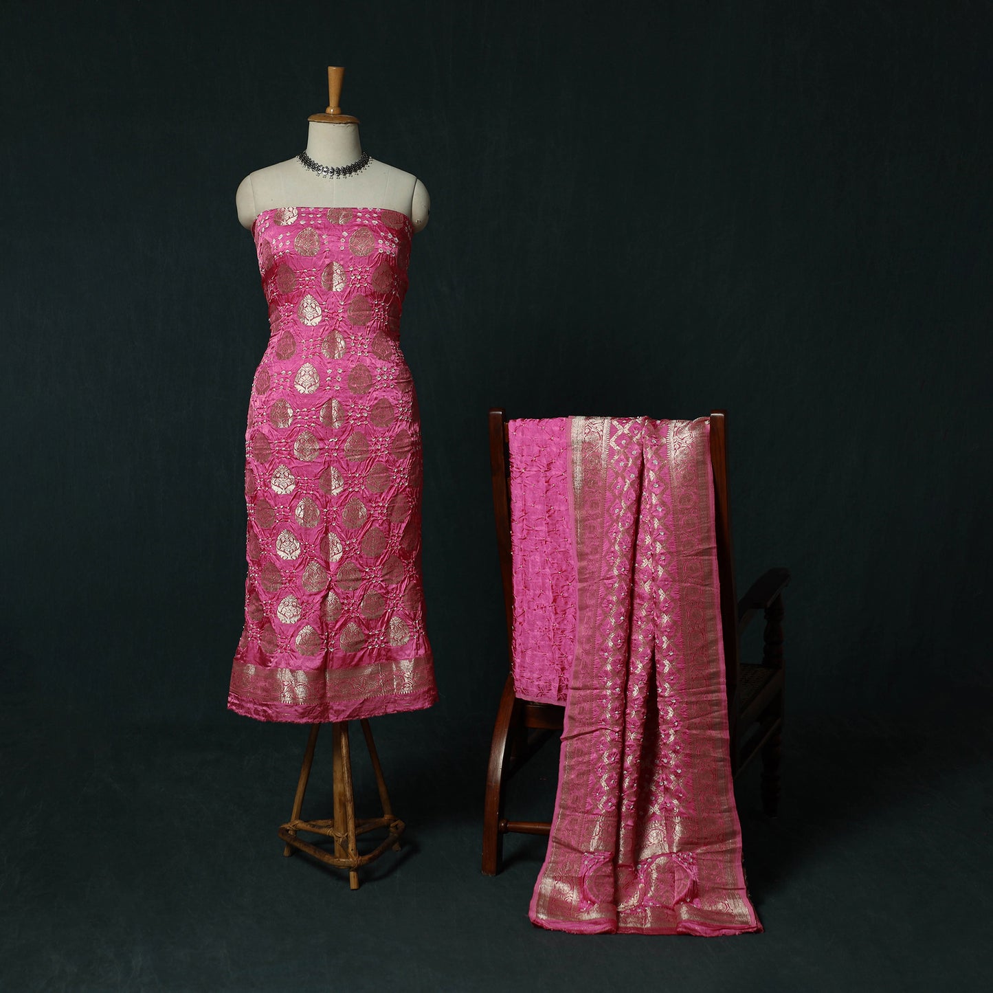 Kutch Bandhani Tie-Dye Modal Silk Banarasi Zari 3pc Unstitched Dress Material Suit Set 11
