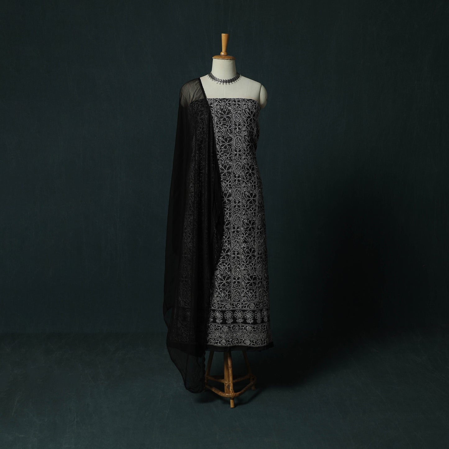 Black - Lucknowi Chikankari Hand Embroidered Cotton 3pc Unstitched Dress Material Suit Set 09