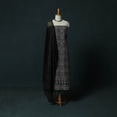 Black - Lucknowi Chikankari Hand Embroidered Cotton 3pc Unstitched Dress Material Suit Set 09