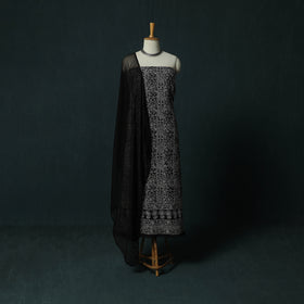 Black - Lucknowi Chikankari Hand Embroidered Cotton 3pc Unstitched Dress Material Suit Set 09
