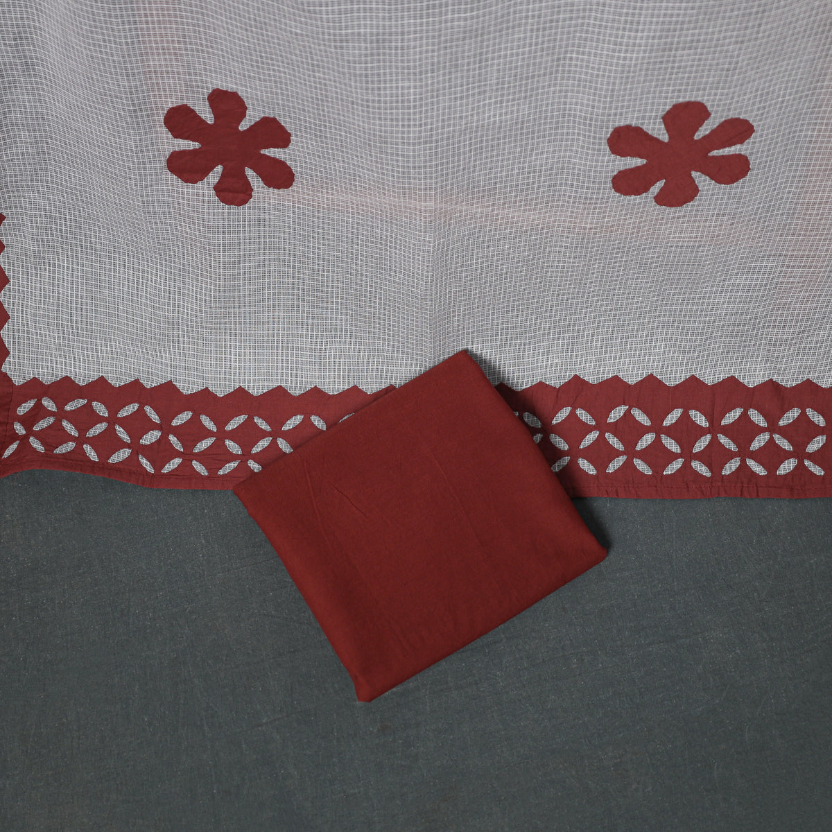 Barmer Applique Cutwork Kota Doria Cotton Unstitched Dress Material: Kurta, Bottom & Dupatta 06