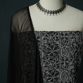 Black - Lucknowi Chikankari Hand Embroidered Cotton 3pc Unstitched Dress Material Suit Set 09