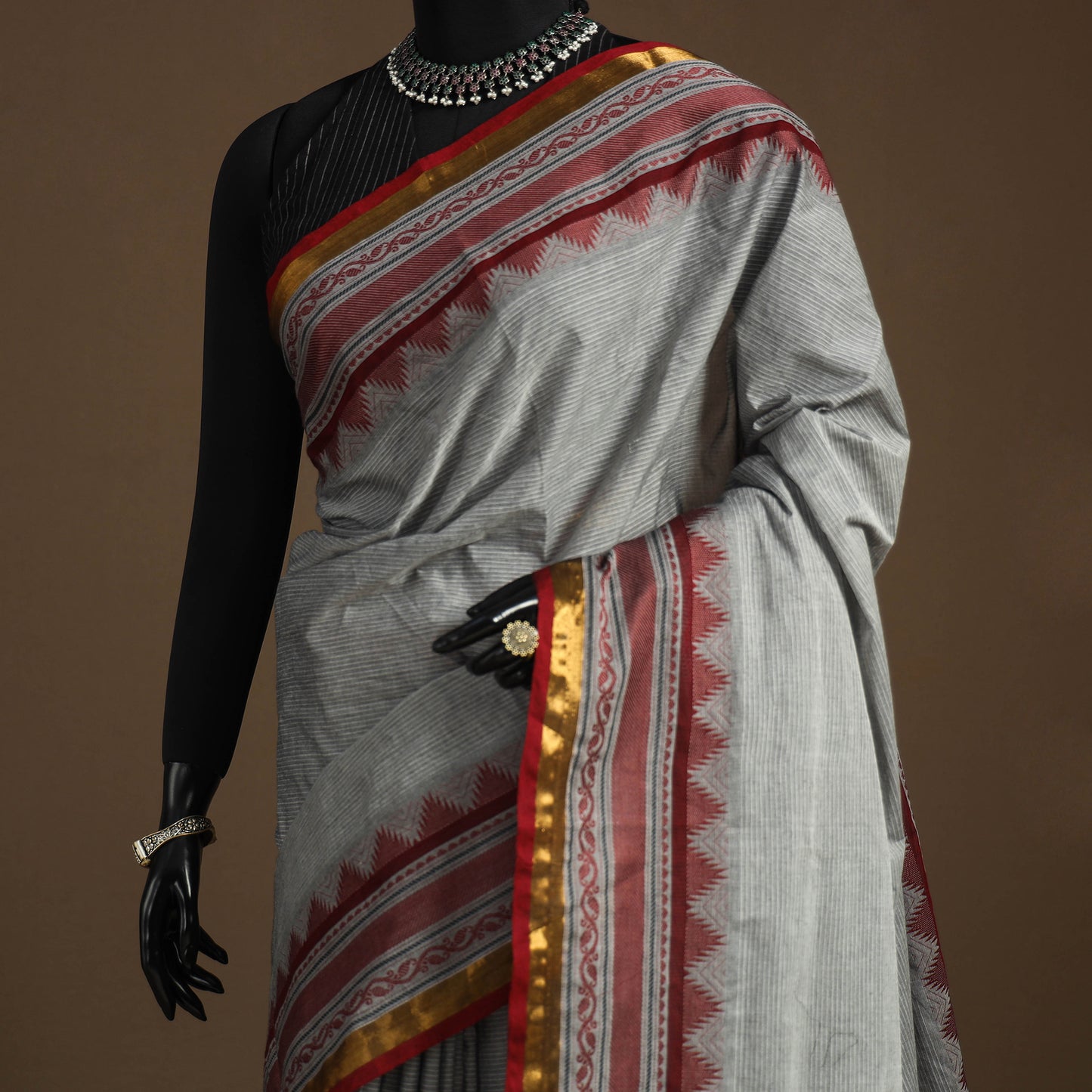 Grey Kandangi Chettinad Cotton Saree with Border