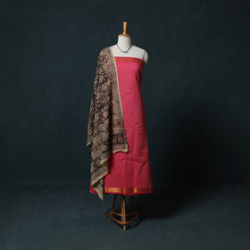 Mangalagiri Handwoven 2pc Cotton Unstitched Dress Material Kurta Set with Jewellery 05
