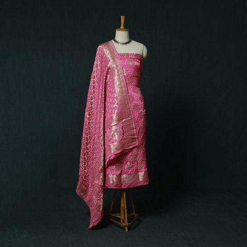 Kutch Bandhani Tie-Dye Modal Silk Banarasi Zari 3pc Unstitched Dress Material Suit Set 11