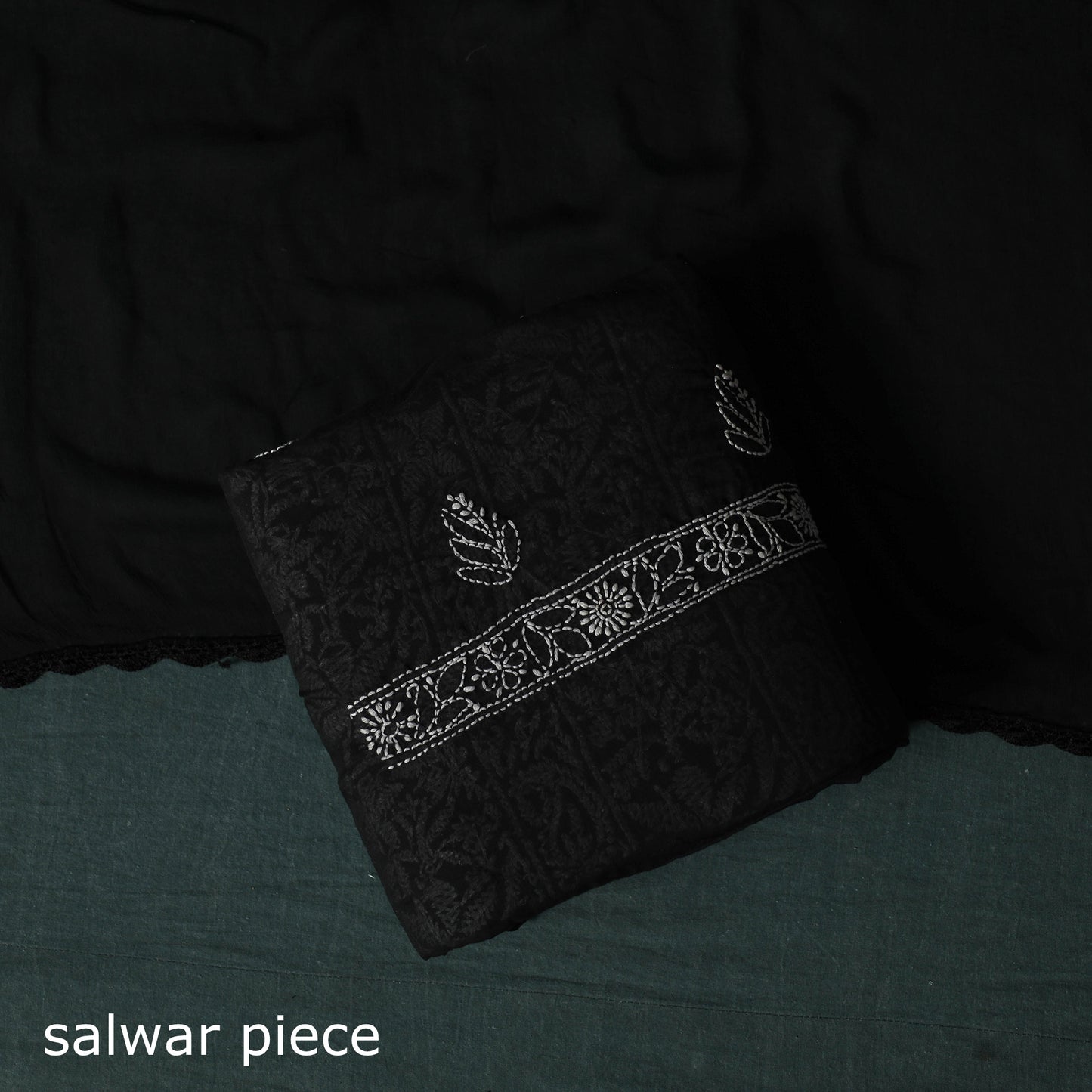 Black - Lucknowi Chikankari Hand Embroidered Cotton 3pc Unstitched Dress Material Suit Set 09