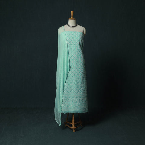 Blue - Lucknowi Chikankari Hand Embroidered Cotton 3pc Unstitched Dress Material Suit Set 10