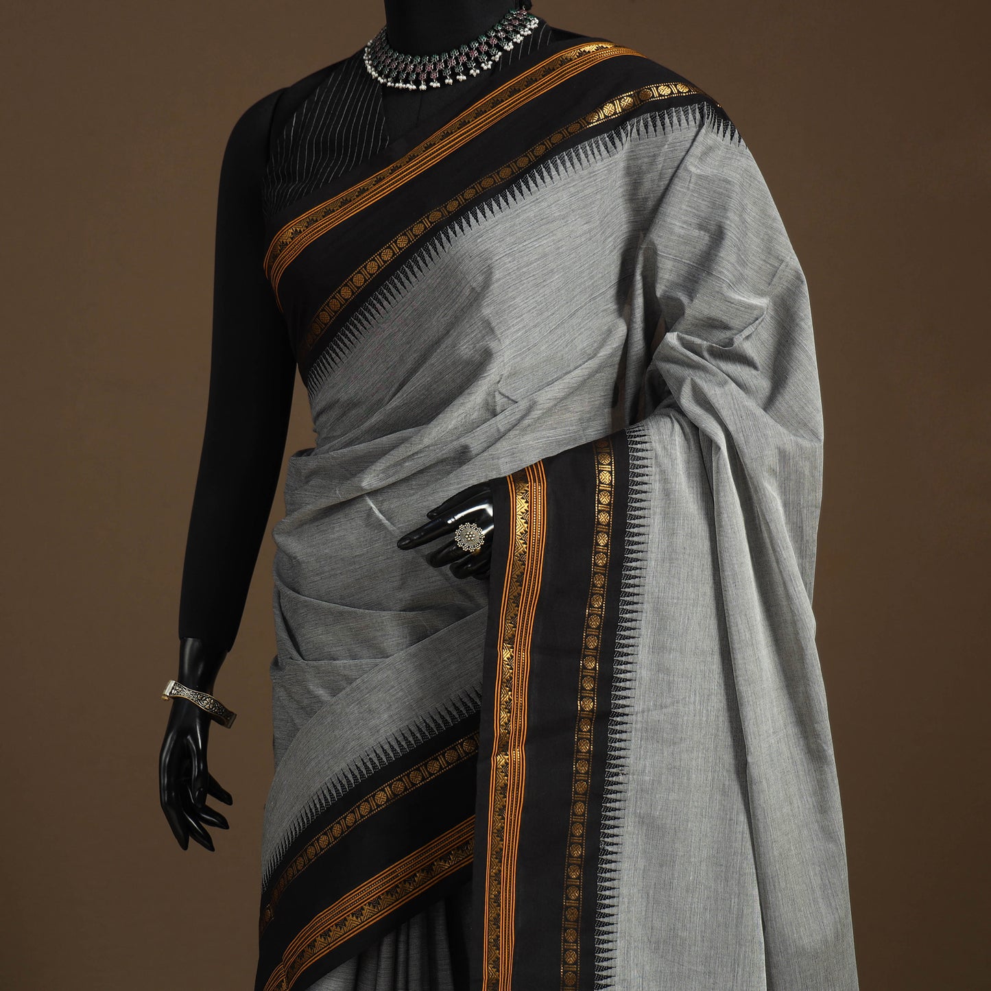 Grey Kandangi Chettinad Cotton Saree with Border
