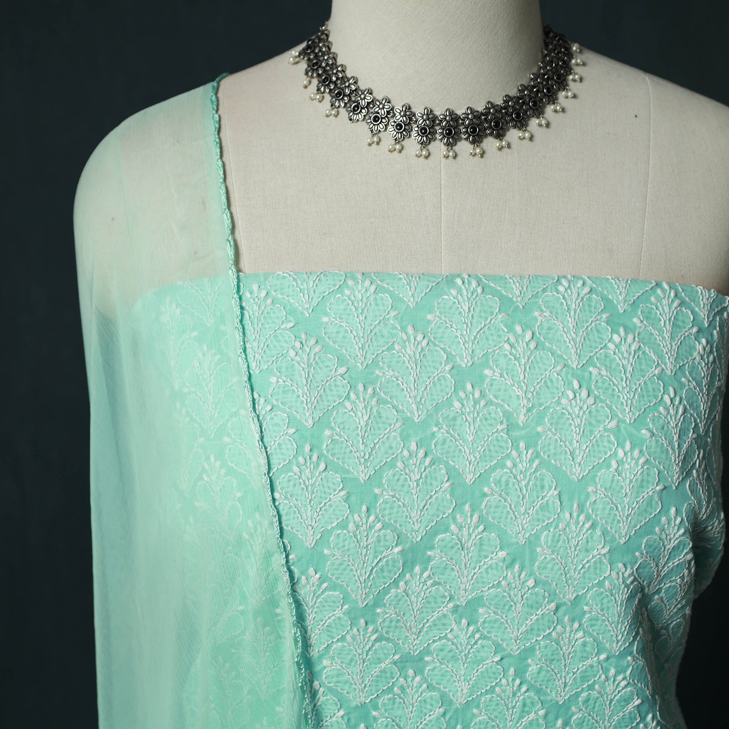 Blue - Lucknowi Chikankari Hand Embroidered Cotton 3pc Unstitched Dress Material Suit Set 10