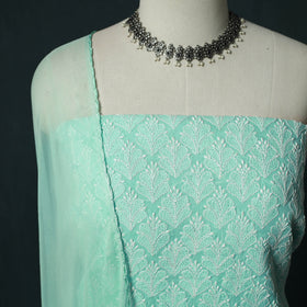 Blue - Lucknowi Chikankari Hand Embroidered Cotton 3pc Unstitched Dress Material Suit Set 10