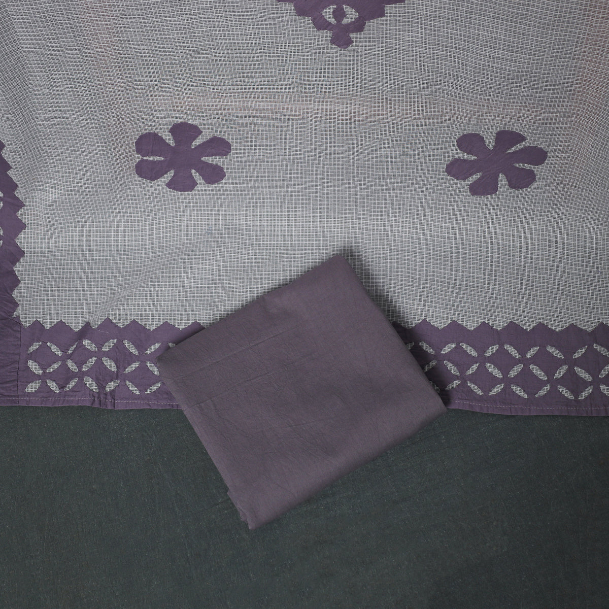 Barmer Applique Cutwork Kota Doria Cotton Unstitched Dress Material: Kurta, Bottom & Dupatta 07