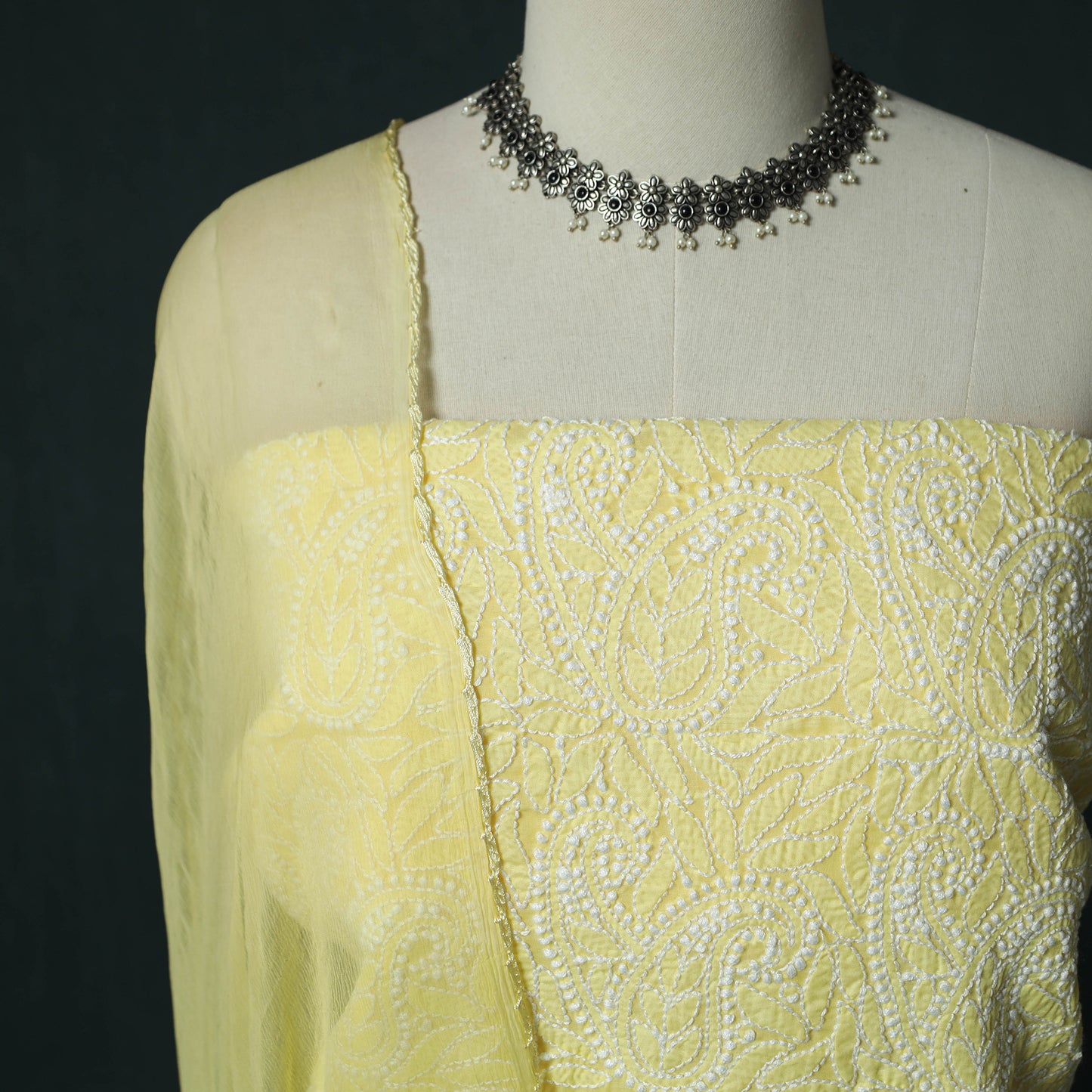 Yellow - Lucknowi Chikankari Hand Embroidered Cotton 3pc Unstitched Dress Material Suit Set 11