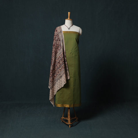 Green - Mangalagiri Handwoven 2pc Cotton Unstitched Dress Material Kurta Set with Jewellery 07