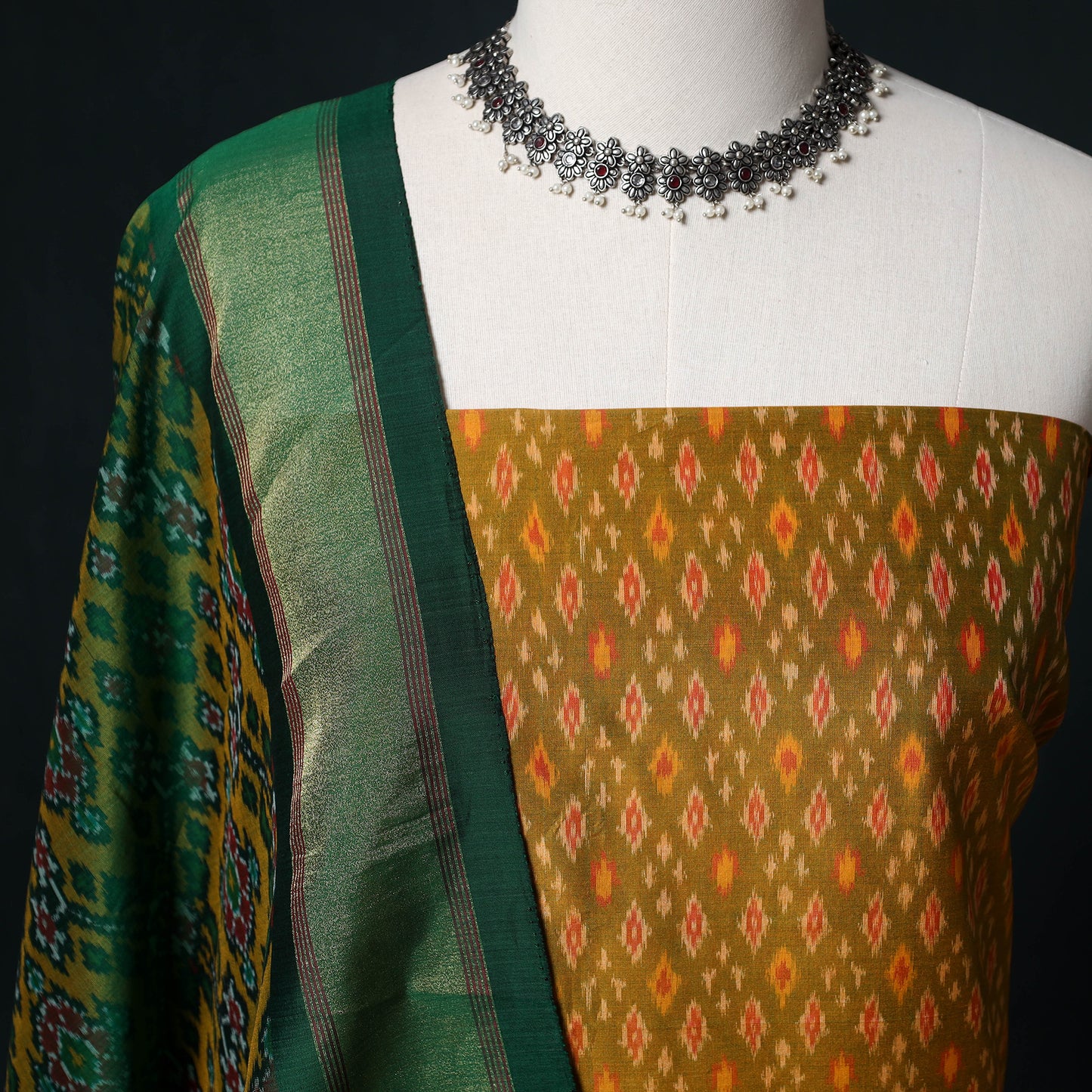 Pochampally Ikat Handloom Sico 2pc Unstitched Dress Material Kurta Set 02