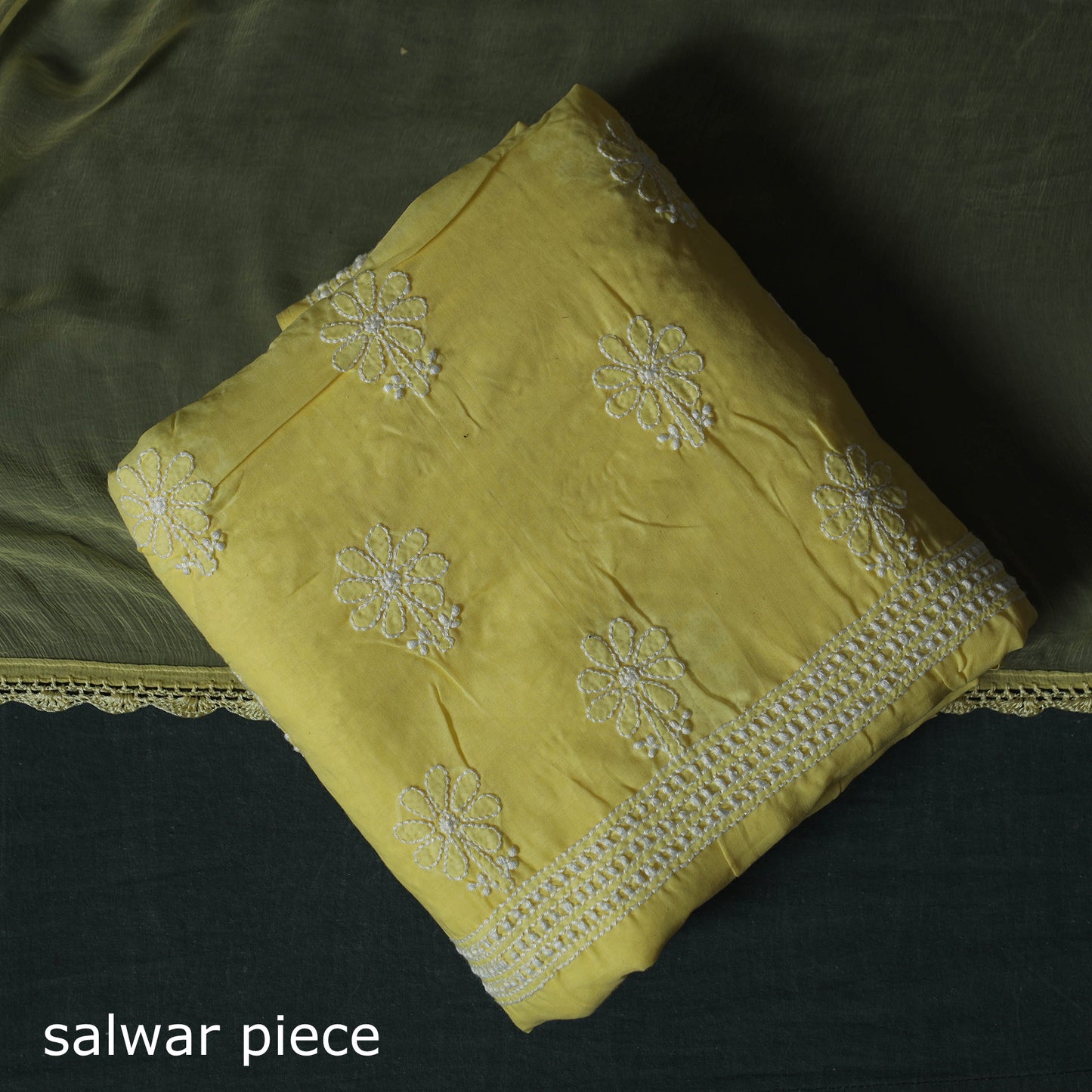 Yellow - Lucknowi Chikankari Hand Embroidered Cotton 3pc Unstitched Dress Material Suit Set 11