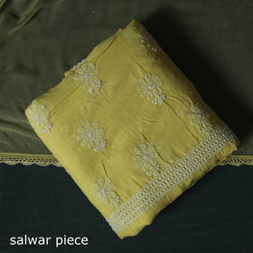 Yellow - Lucknowi Chikankari Hand Embroidered Cotton 3pc Unstitched Dress Material Suit Set 11