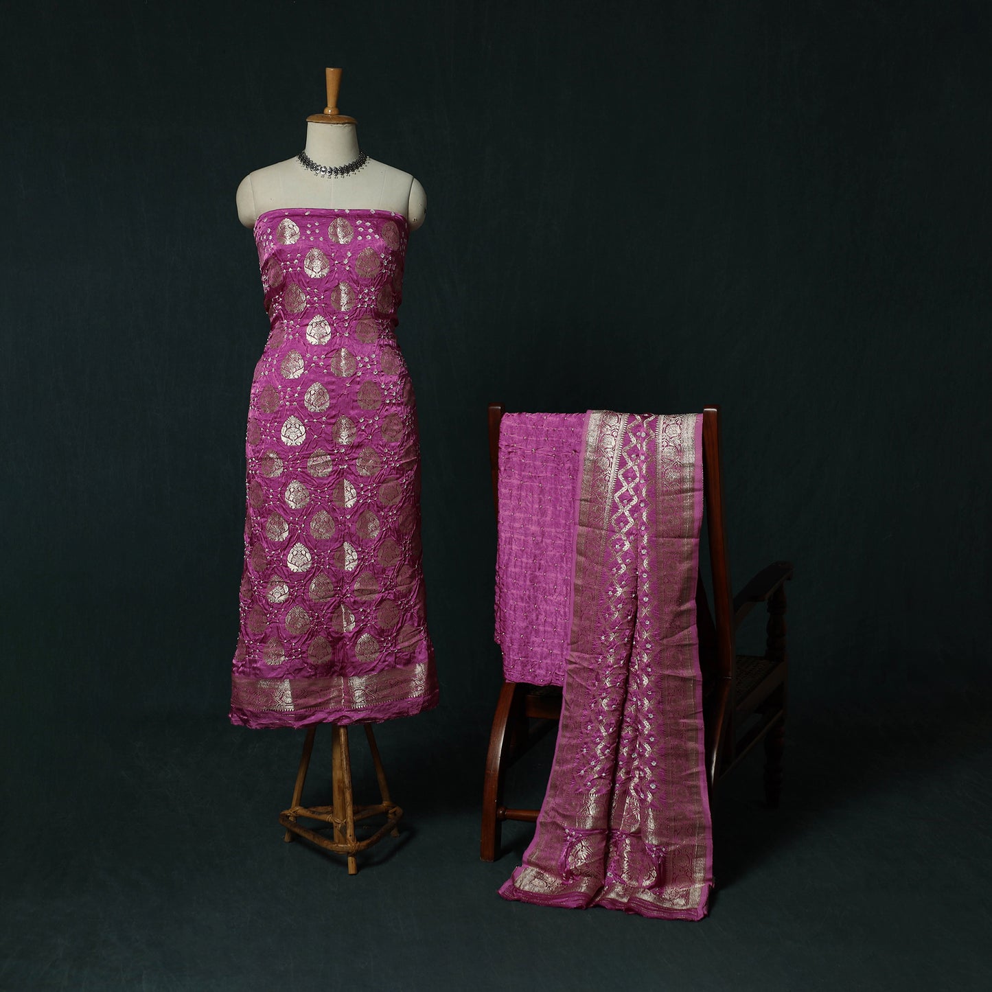 Kutch Bandhani Tie-Dye Modal Silk Banarasi Zari 3pc Unstitched Dress Material Suit Set 15