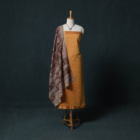 Orange - Mangalagiri Handwoven 2pc Cotton Unstitched Dress Material Kurta Set with Jewellery 08