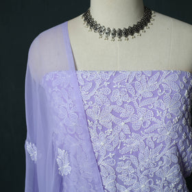 Purple - ucknowi Chikankari Hand Embroidered Georgette 3pc Unstitched Dress Material Suit Set 12