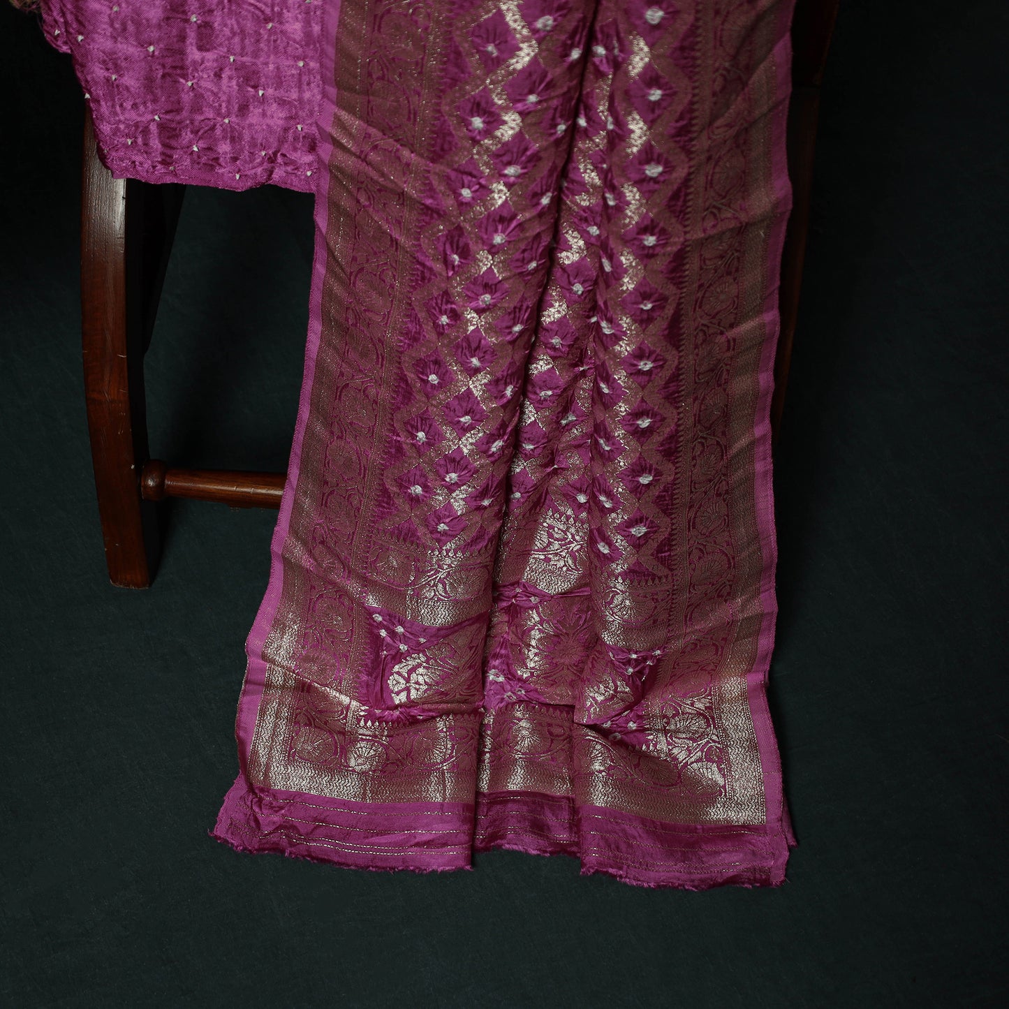 Kutch Bandhani Tie-Dye Modal Silk Banarasi Zari 3pc Unstitched Dress Material Suit Set 15