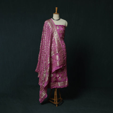 Kutch Bandhani Tie-Dye Modal Silk Banarasi Zari 3pc Unstitched Dress Material Suit Set 15