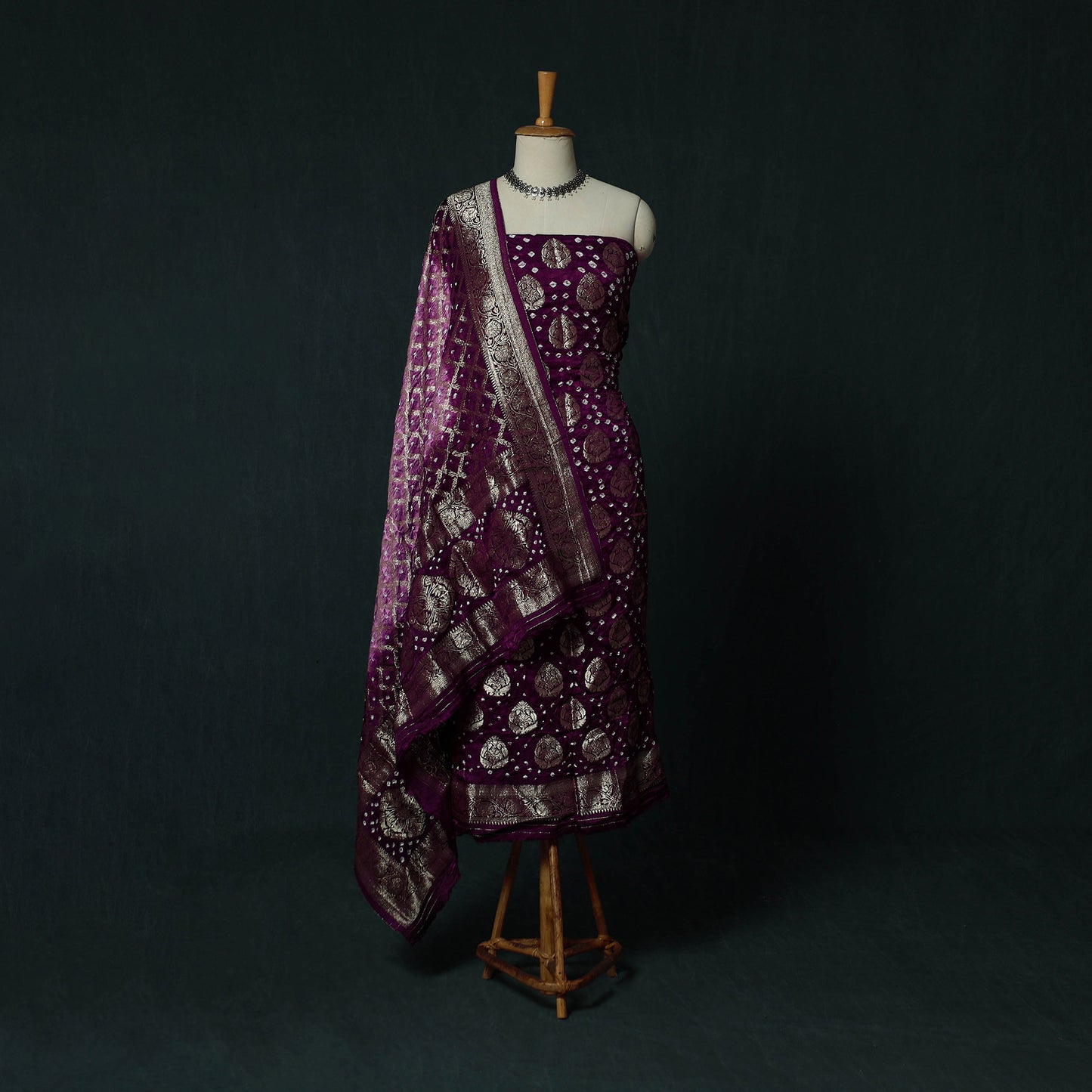 Kutch Bandhani Tie-Dye Modal Silk Banarasi Zari 3pc Unstitched Dress Material Suit Set 16