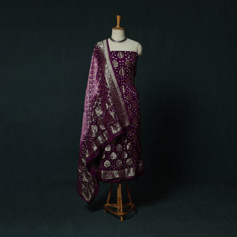 Kutch Bandhani Tie-Dye Modal Silk Banarasi Zari 3pc Unstitched Dress Material Suit Set 16