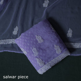 Purple - ucknowi Chikankari Hand Embroidered Georgette 3pc Unstitched Dress Material Suit Set 12