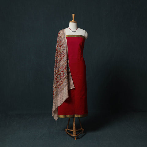 Red - Mangalagiri Handwoven 2pc Cotton Unstitched Dress Material Kurta Set with Jewellery 09