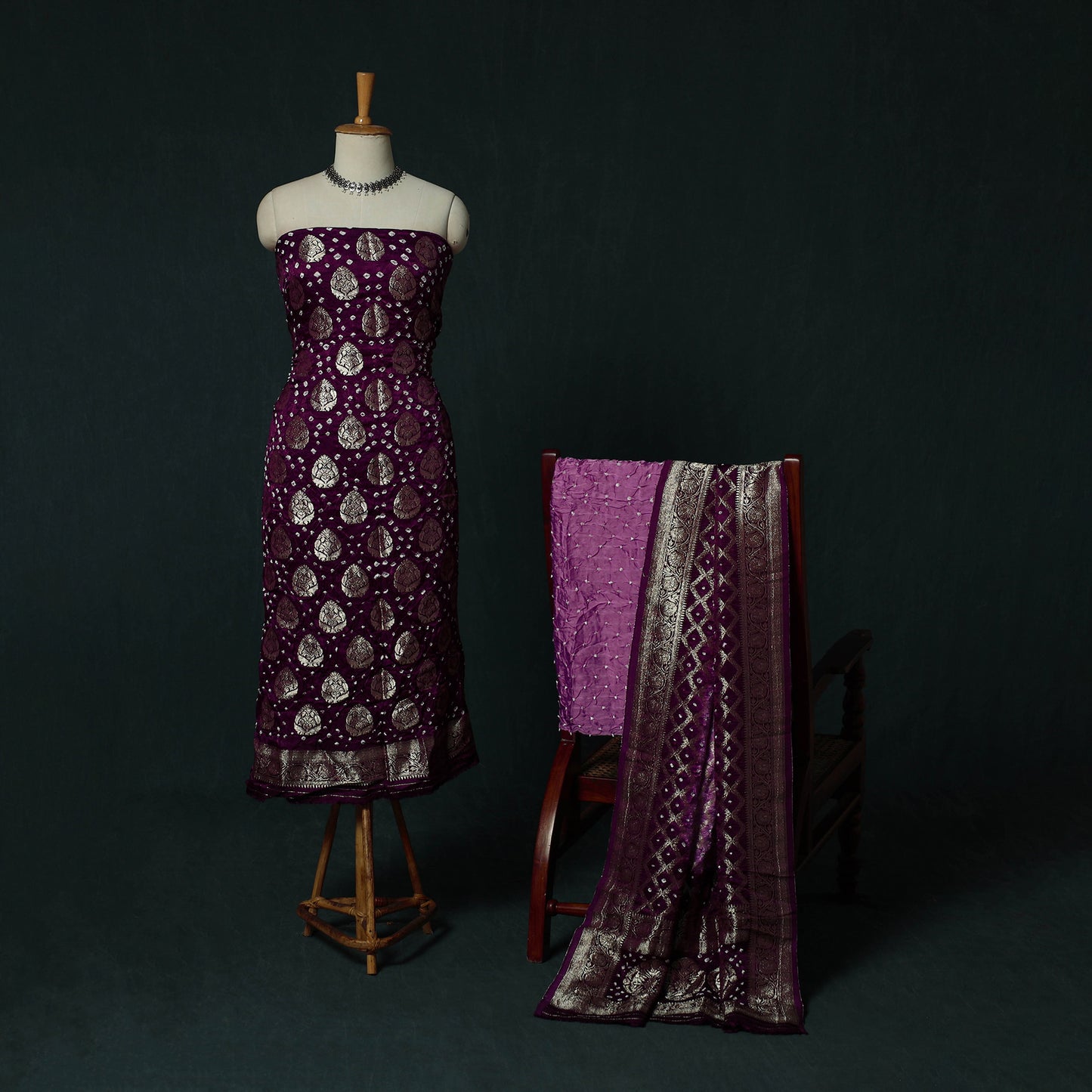 Kutch Bandhani Tie-Dye Modal Silk Banarasi Zari 3pc Unstitched Dress Material Suit Set 16