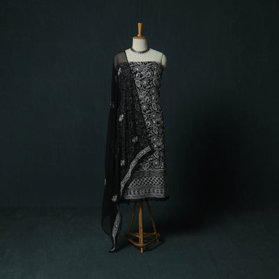 Black - Lucknowi Chikankari Hand Embroidered Georgette 3pc Unstitched Dress Material Suit Set 13