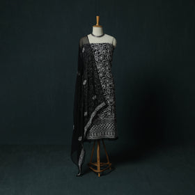 Black - Lucknowi Chikankari Hand Embroidered Georgette 3pc Unstitched Dress Material Suit Set 13