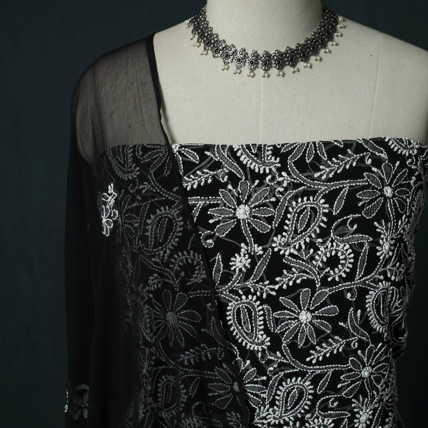 Black - Lucknowi Chikankari Hand Embroidered Georgette 3pc Unstitched Dress Material Suit Set 13