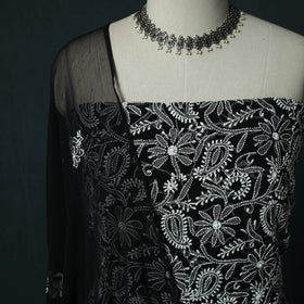Black - Lucknowi Chikankari Hand Embroidered Georgette 3pc Unstitched Dress Material Suit Set 13