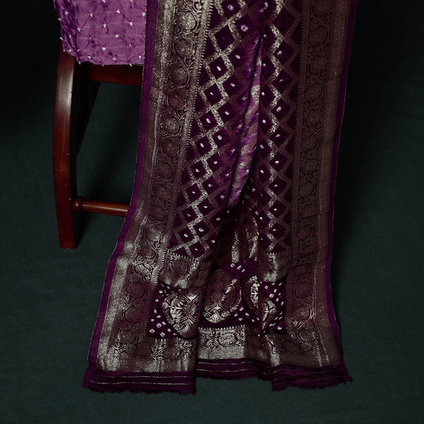 Kutch Bandhani Tie-Dye Modal Silk Banarasi Zari 3pc Unstitched Dress Material Suit Set 16